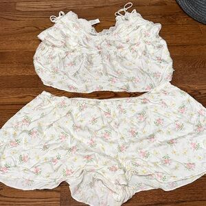 Aerie Floral Lace Trim Pajama Set - Pink and White